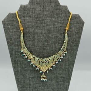 Gold Plated Blue Stone Beaded Rajasthani Kundan Bridal Necklace